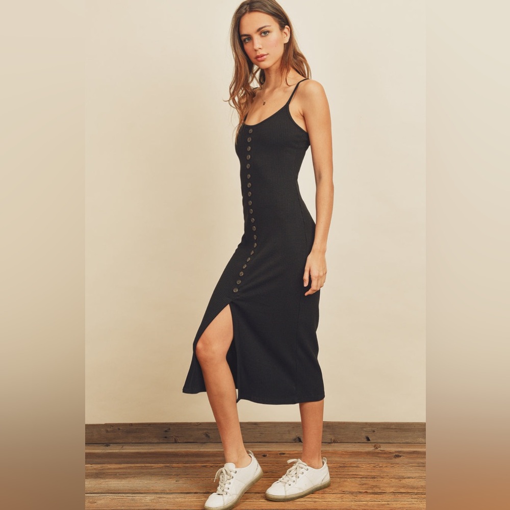 VICI Collection Black Ribbed Button Front Spaghetti Strap Midi Dress M Medium